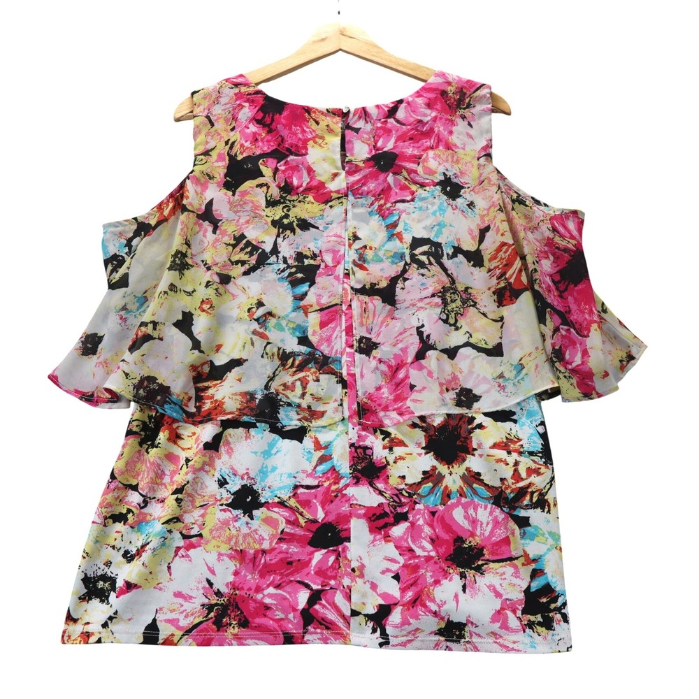 Notations Womens XL Floral Cold Shoulder Tiered Blouse Colorful Pink Coastal Y2K